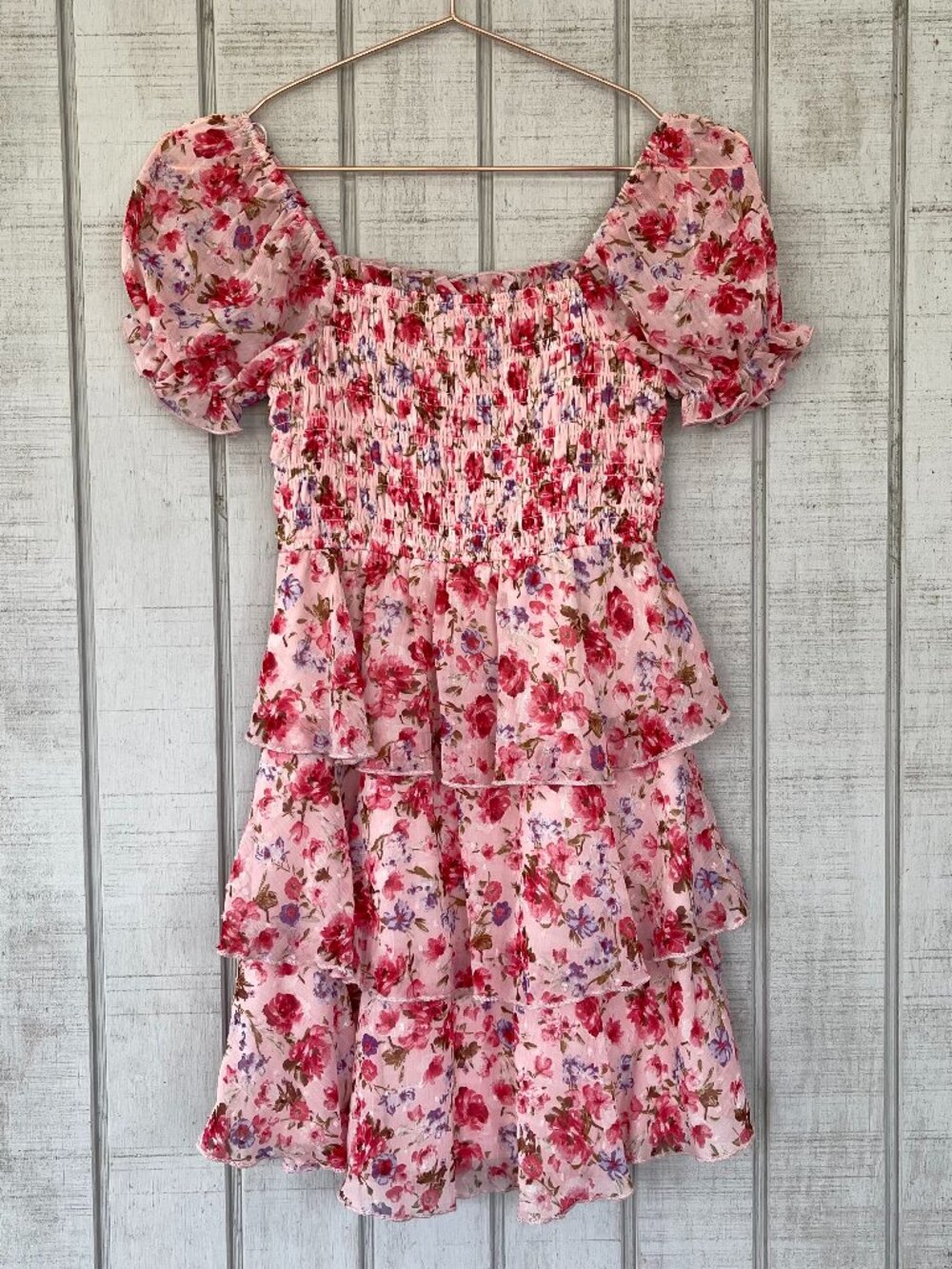 🌸 Thirty Thirty Pink Floral Puff Sleeve Ruffle Mini Dress XS Cottagecore